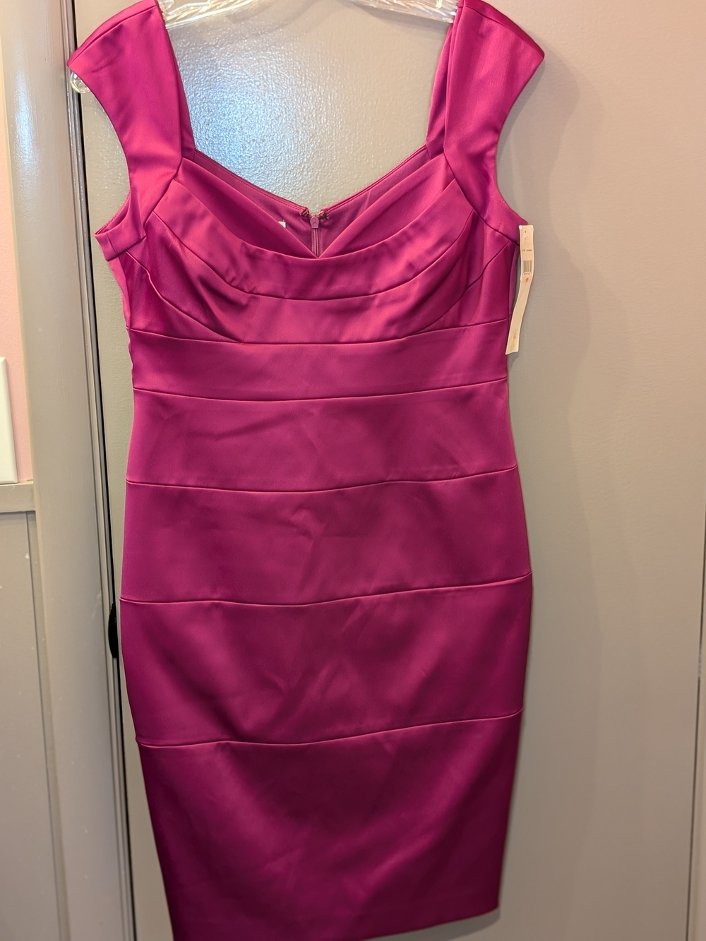 London Times Fuchsia Satin Midi Sheath Dress